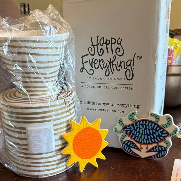 Gold Stripe Happy Everything! Vase and 2 Attachments NIB - Picture 1 of 11